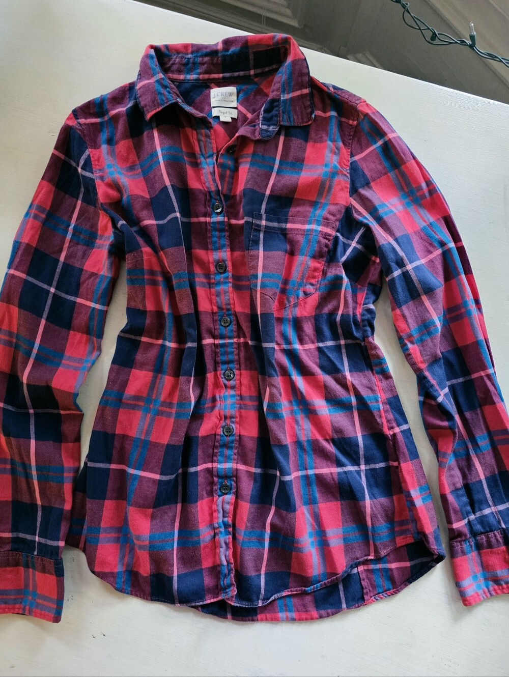 J. Crew Perfect Fit Red & Teal Blue Plaid Button-Down Shirt Women's S